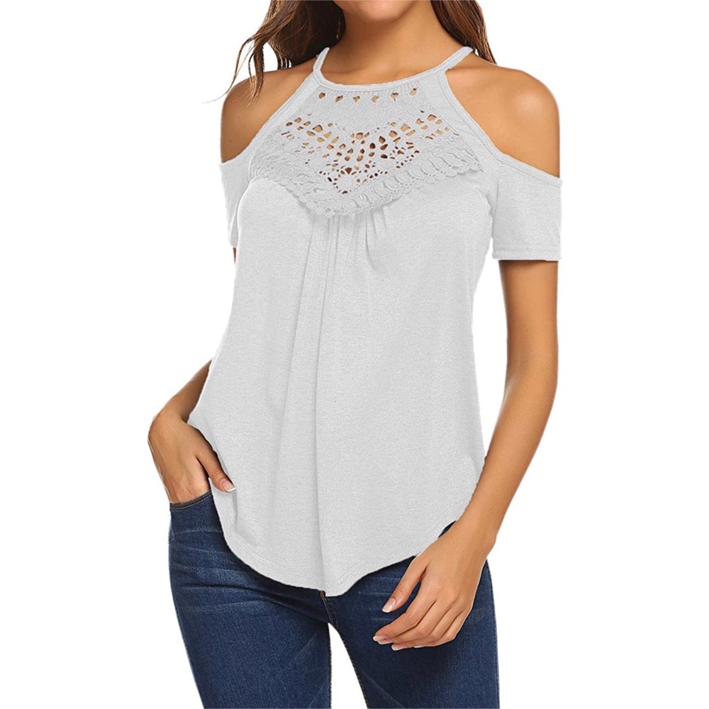 Women's Short Sleeve Flowy Lace Cold Shoulder Top